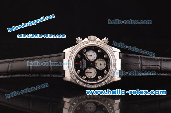 Rolex Daytona Swiss Valjoux 7750-SHG Automatic Steel Case with Diamond Bezel - Black Dial and Black Leather Strap - Click Image to Close